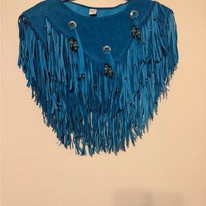 Blue Leather Fringe Poncho
